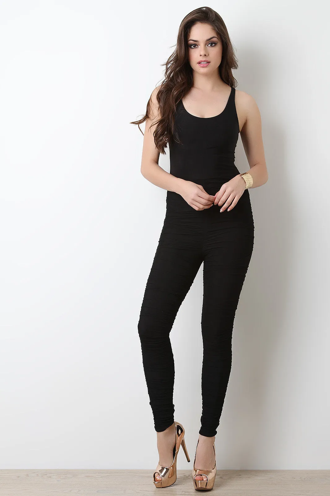 Two Tone Scoop Neck Ruched Mesh Jumpsuit