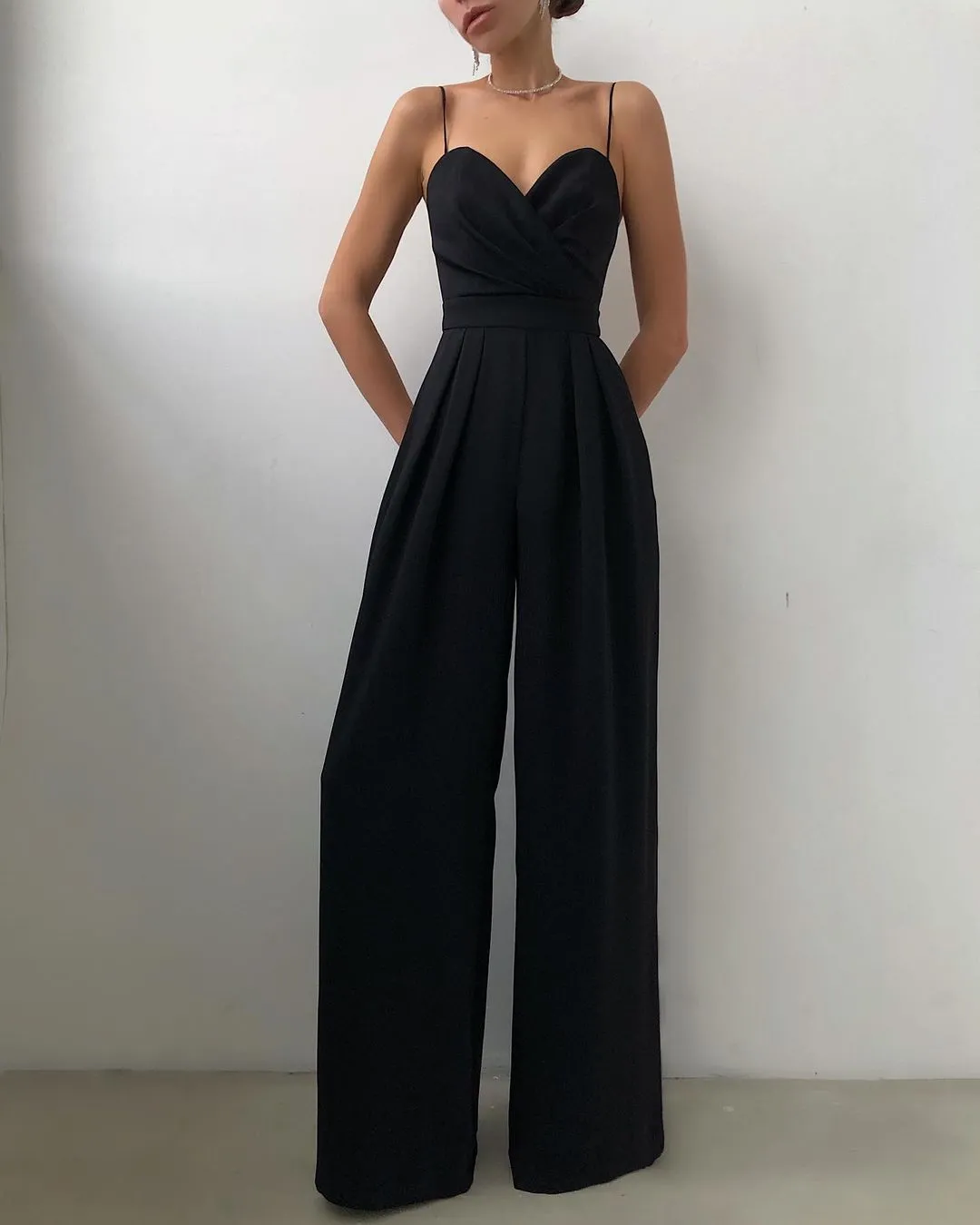 Wenkouban 2023  Women Spaghetti Strap Solid Color Wide Leg Jumpsuit Skinny Sleeveless Romper wide leg jumpsuit