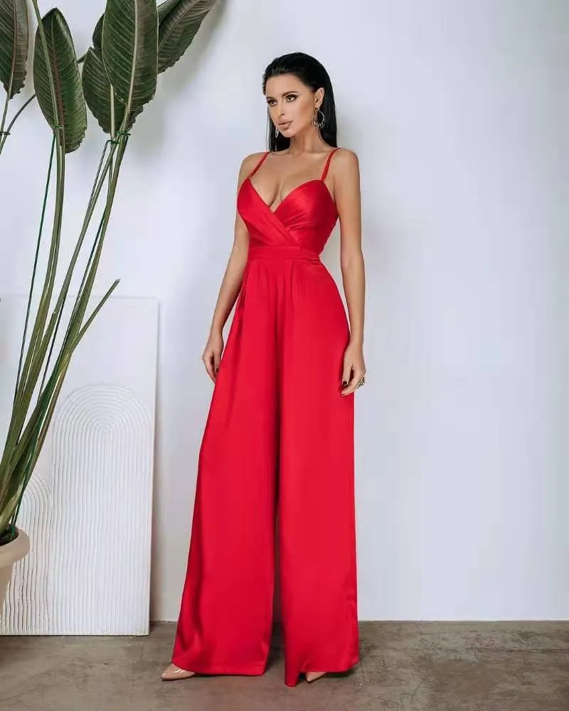 Wenkouban 2023  Women Spaghetti Strap Solid Color Wide Leg Jumpsuit Skinny Sleeveless Romper wide leg jumpsuit