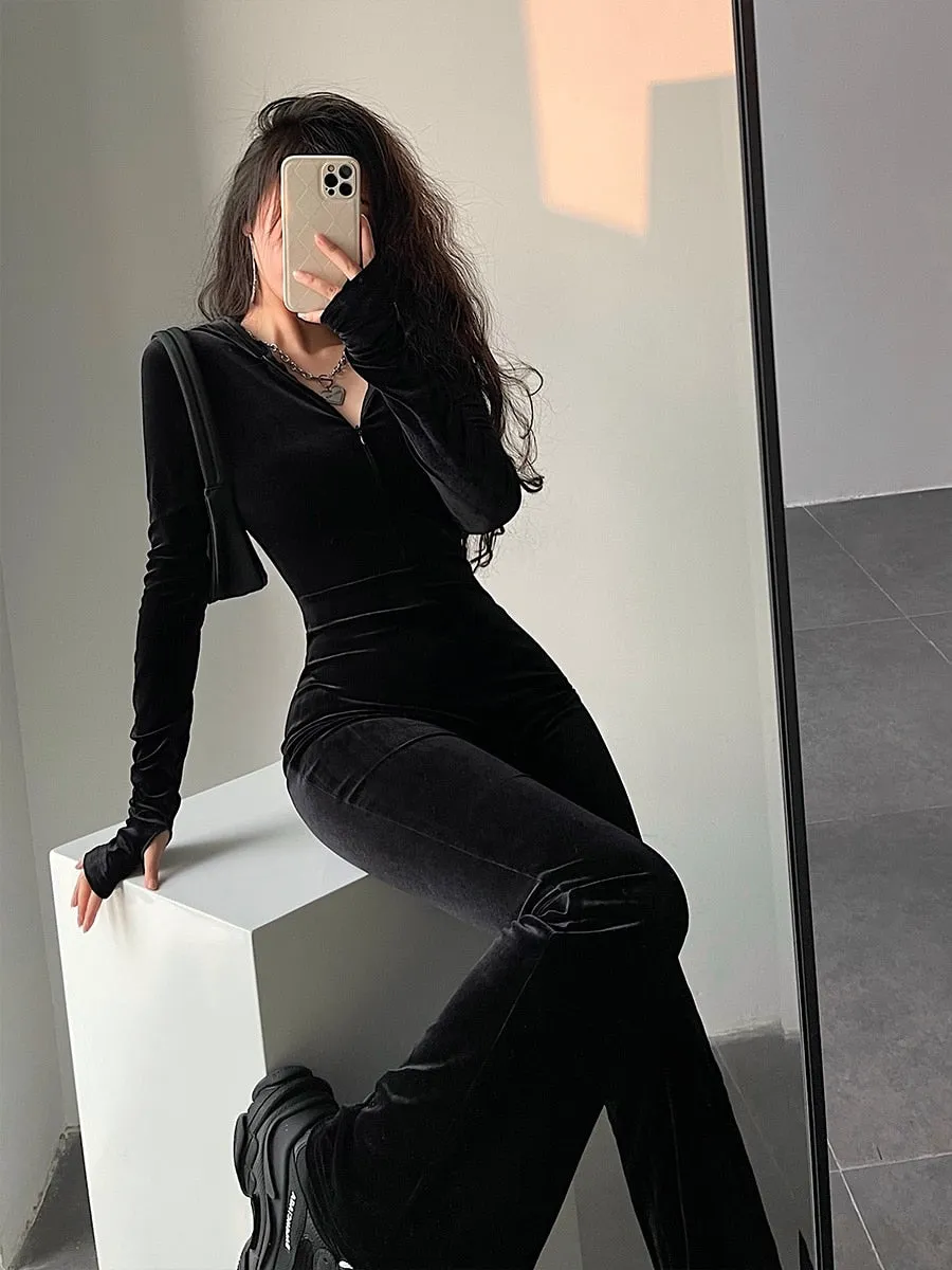 Wenkouban Fashion Black Velvet Slim Hooded Zipper Long Sleeve Flare Pants Jumpsuit Rompers Korean Sexy Hot Tops 2023