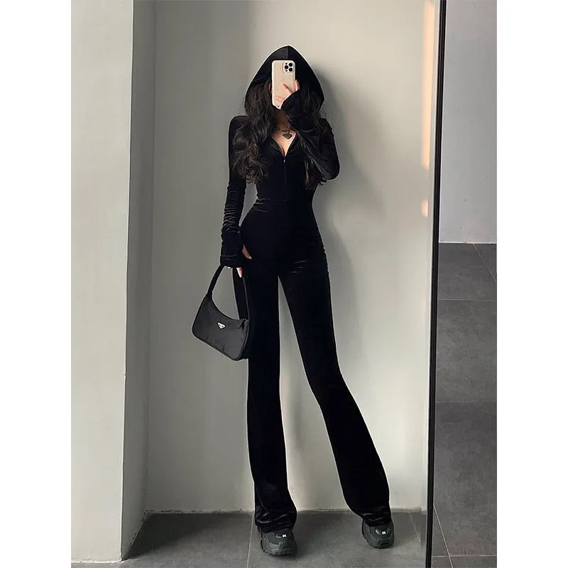 Wenkouban Fashion Black Velvet Slim Hooded Zipper Long Sleeve Flare Pants Jumpsuit Rompers Korean Sexy Hot Tops 2023