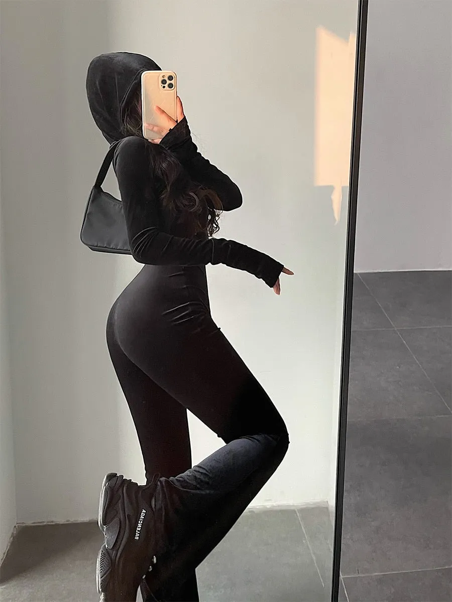 Wenkouban Fashion Black Velvet Slim Hooded Zipper Long Sleeve Flare Pants Jumpsuit Rompers Korean Sexy Hot Tops 2023