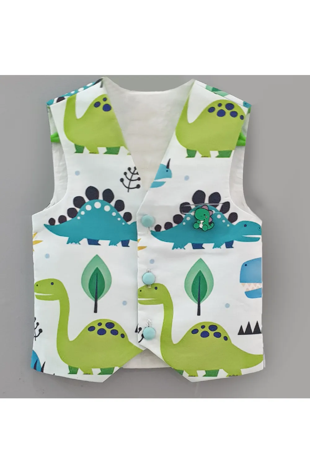 White dinosaur printed waist coat with sky blue shirt