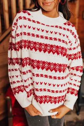 White Western Geometric Patterned Crew Neck Loose Sweater