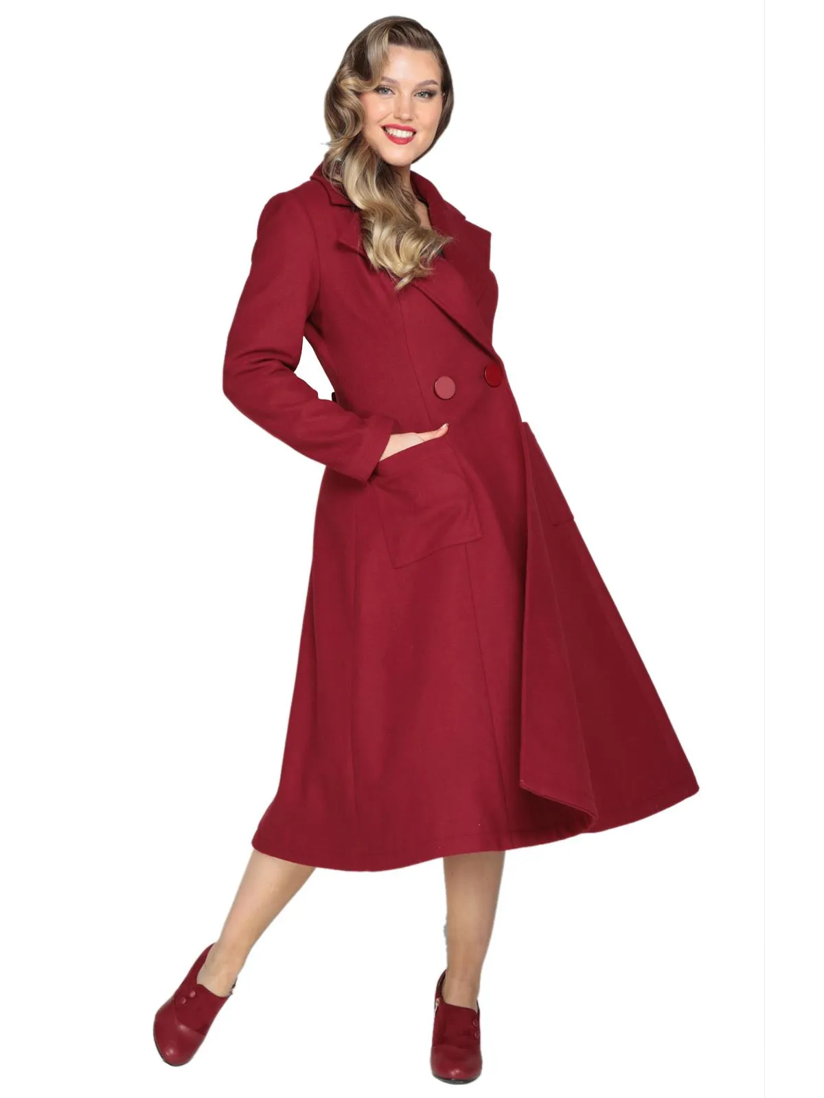 Wine Red 1940s Vintage Style Swing Coat