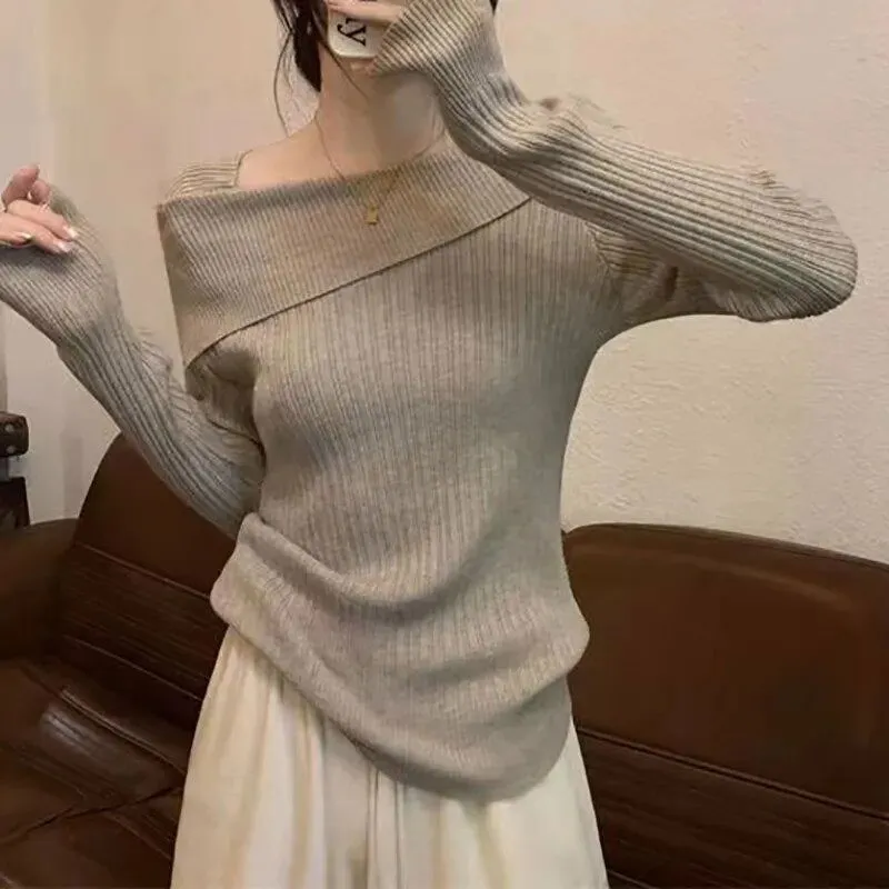 Women Off Shoulder Knit Sweater Long Sleeve*