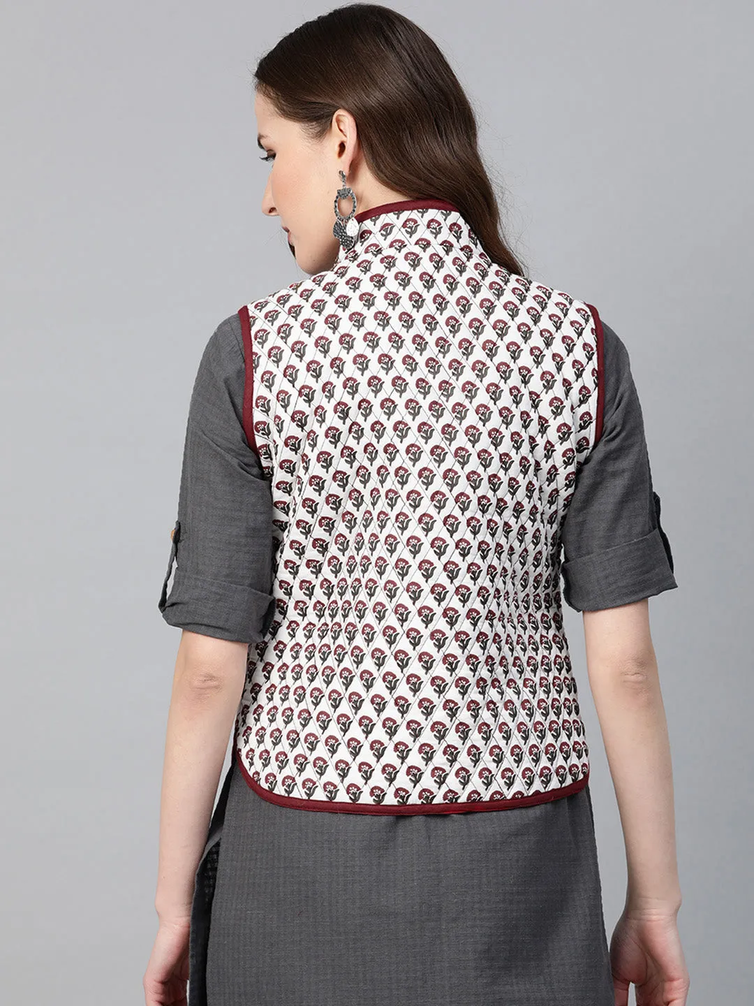 Women Off-White & Maroon Printed Lightweight Quilted Jacket