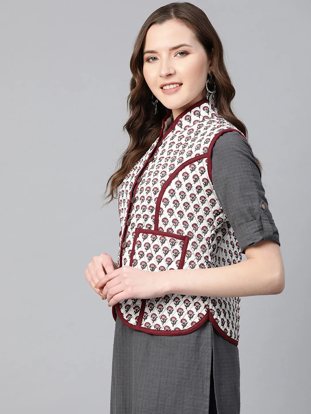 Women Off-White & Maroon Printed Lightweight Quilted Jacket