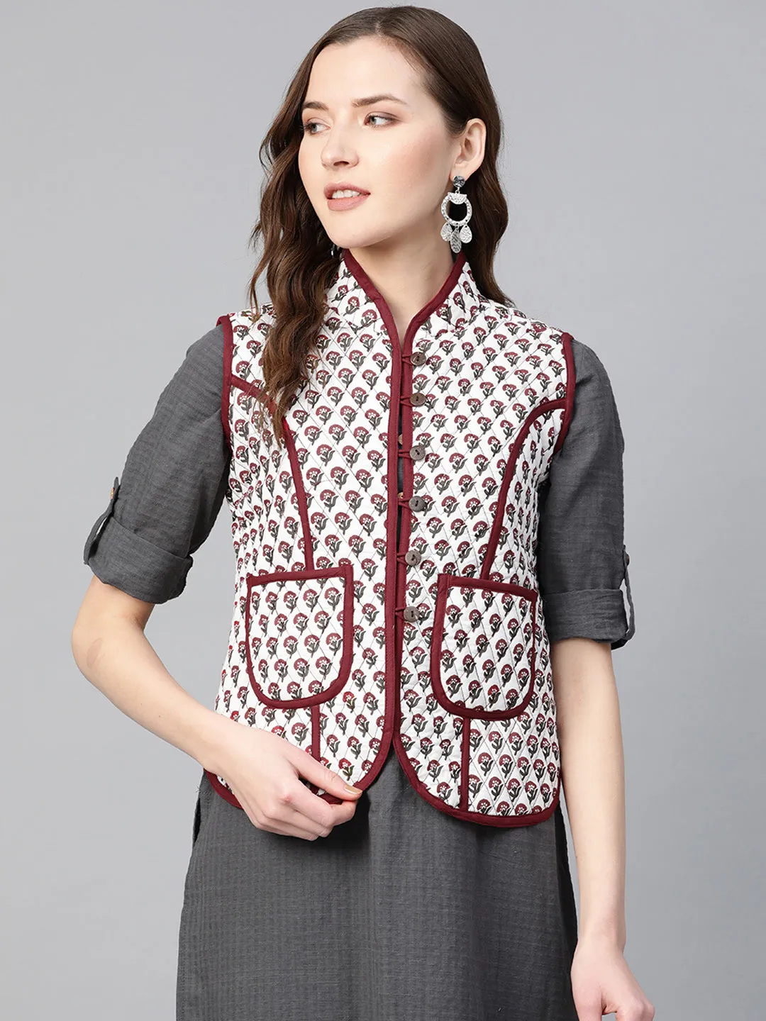 Women Off-White & Maroon Printed Lightweight Quilted Jacket