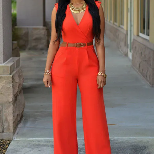 Women Sleeveless V-Neck High Waist Wide Leg Romper Pants Jumpsuit with Belt