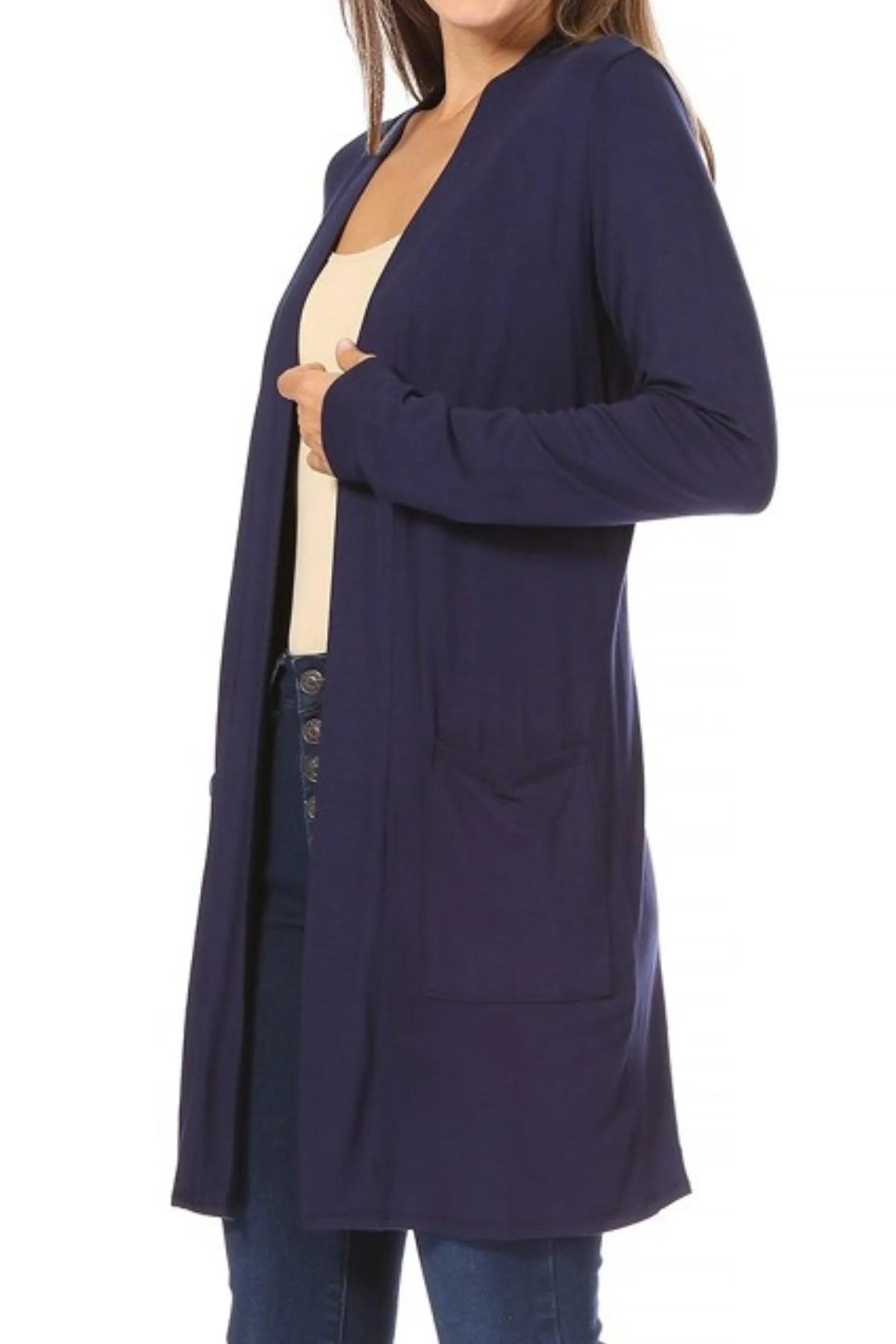 Women's Casual Open Front Basic Long Sleeves Loose Fit Side Pockets Solid Cardigan