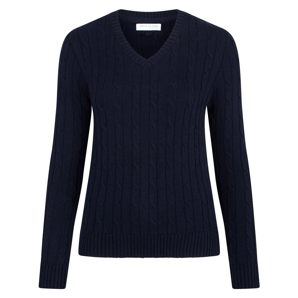 Womens Cotton Cable V Neck Jumper