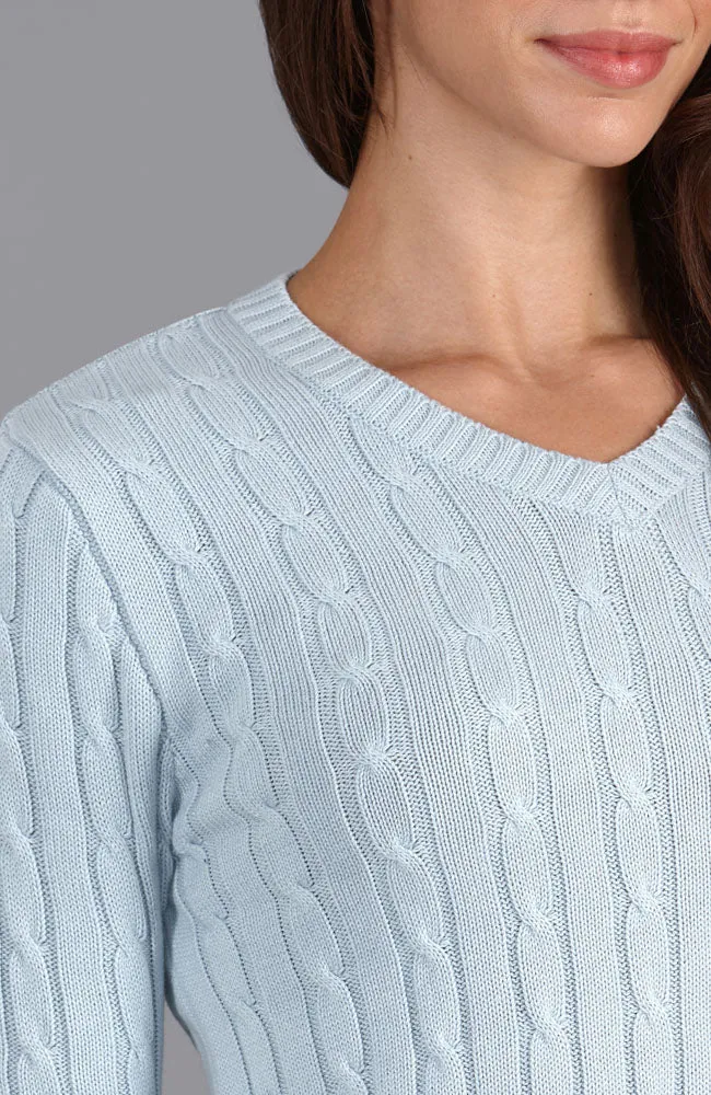 Womens Cotton Cable V Neck Jumper