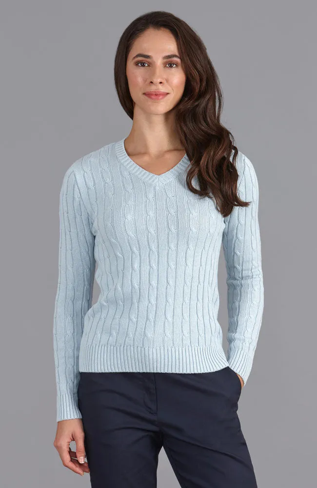 Womens Cotton Cable V Neck Jumper