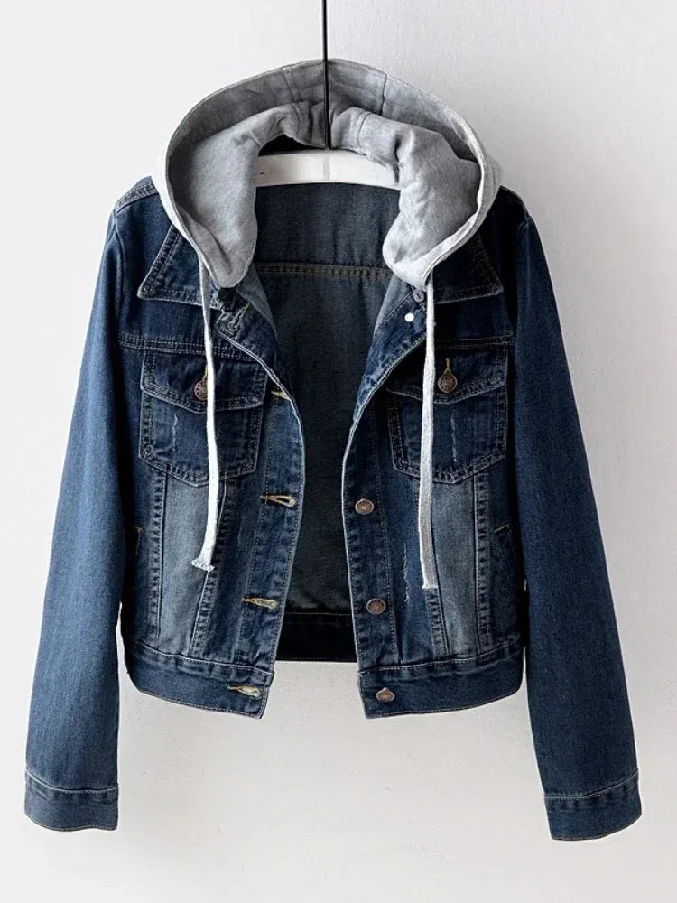 Women's Jacket Denim Coat New in Korean Fashion Slim Versatile Long Sleeve Top Hooded Short Denim Jacket Winter Woman Clothing