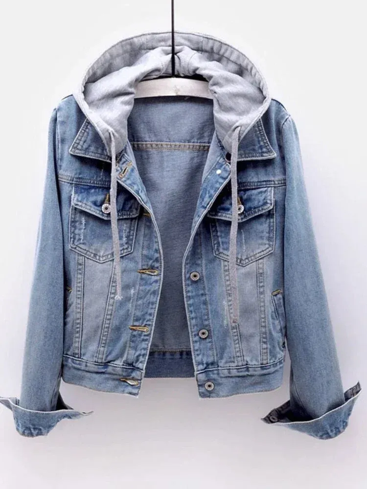 Women's Jacket Denim Coat New in Korean Fashion Slim Versatile Long Sleeve Top Hooded Short Denim Jacket Winter Woman Clothing