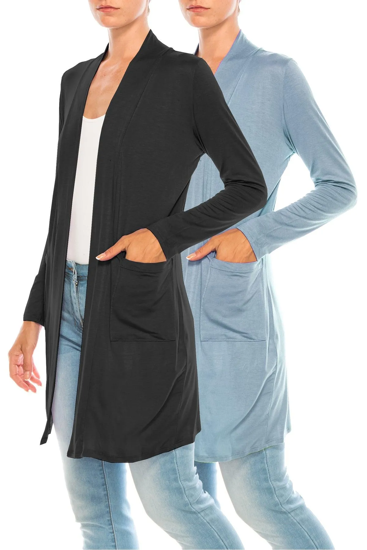 Women's Open Front Basic Long Sleeves Loose Fit Side Pockets Solid Cardigan 2 PACK