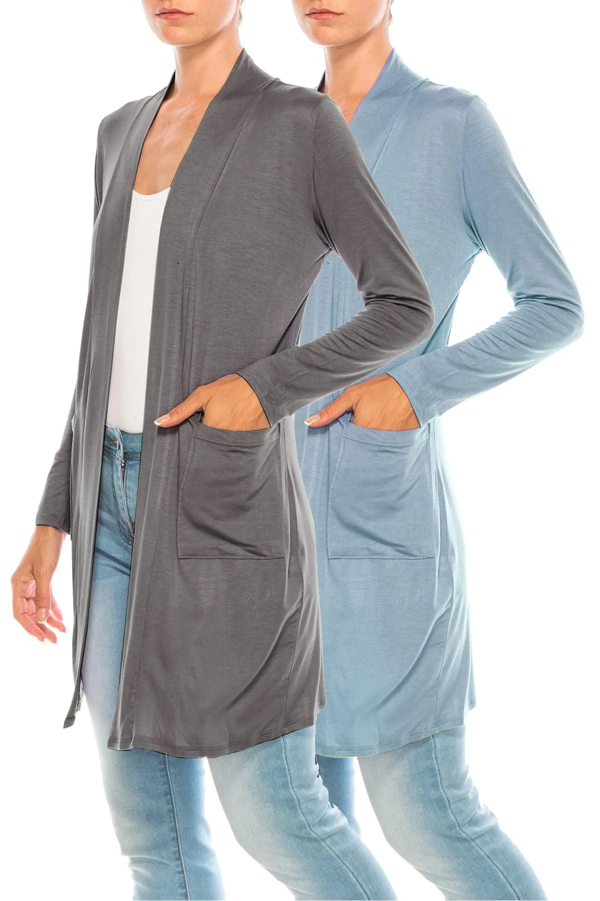 Women's Open Front Basic Long Sleeves Loose Fit Side Pockets Solid Cardigan 2 PACK