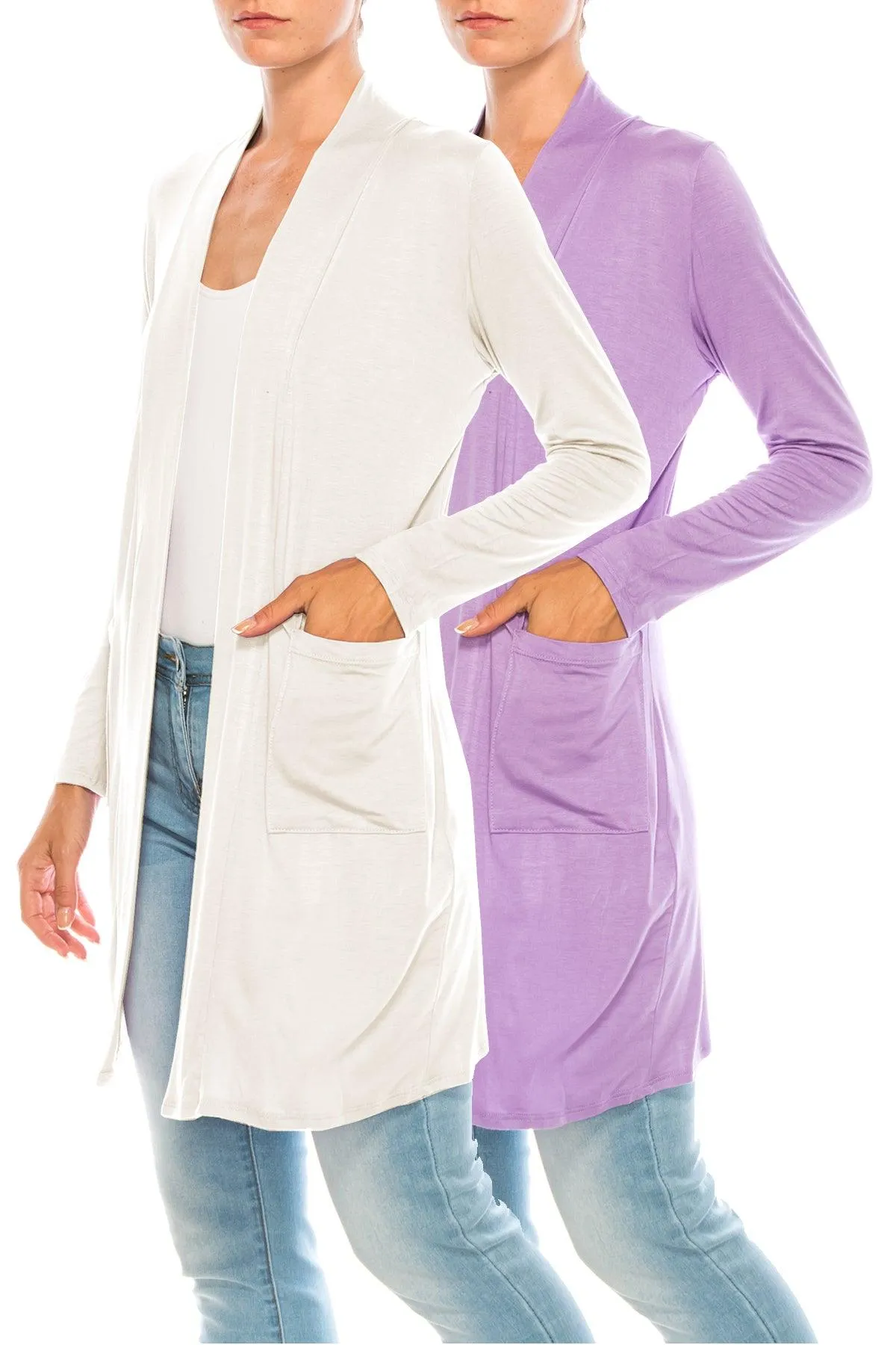 Women's Open Front Basic Long Sleeves Loose Fit Side Pockets Solid Cardigan 2 PACK