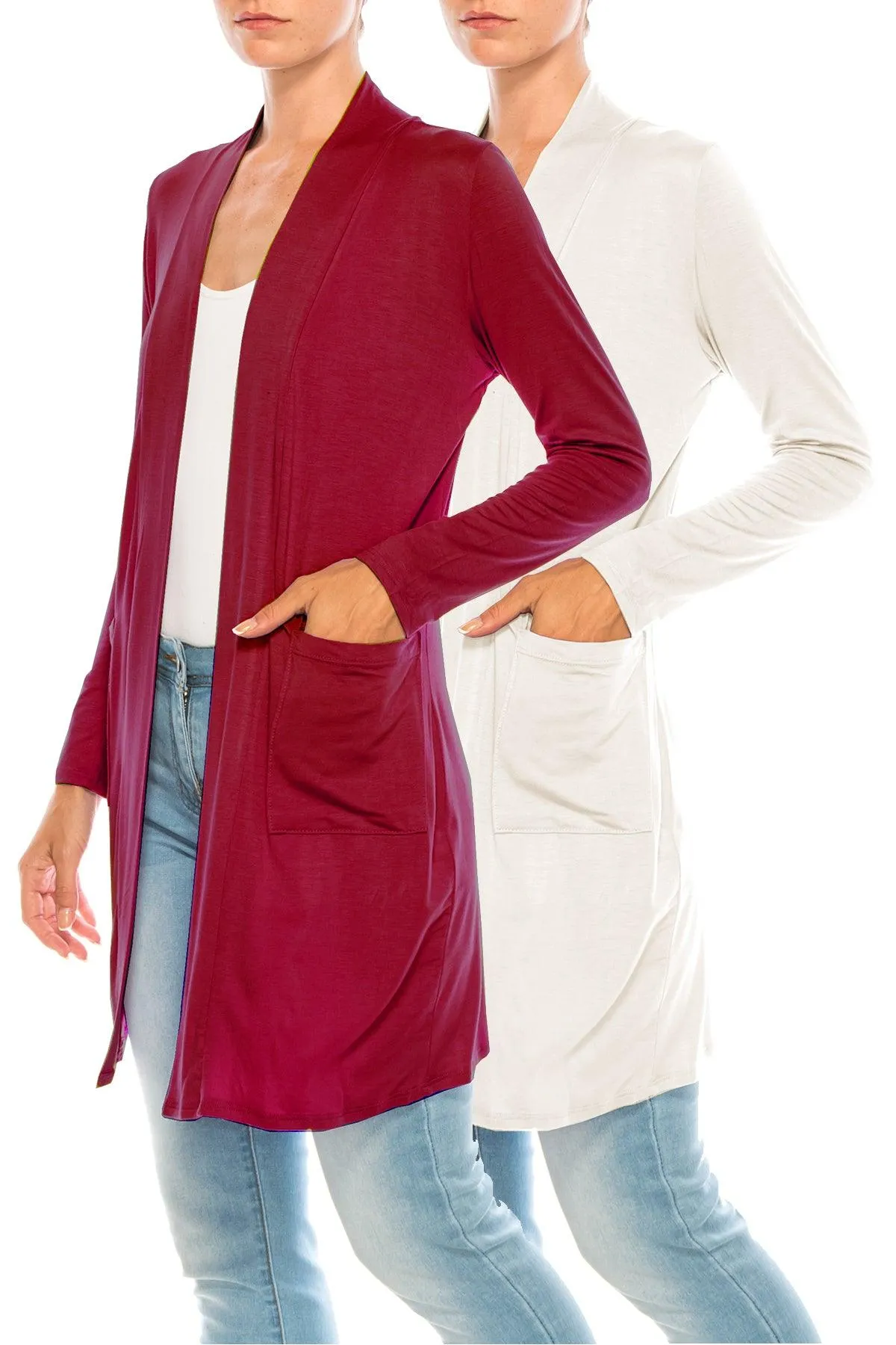 Women's Open Front Basic Long Sleeves Loose Fit Side Pockets Solid Cardigan 2 PACK