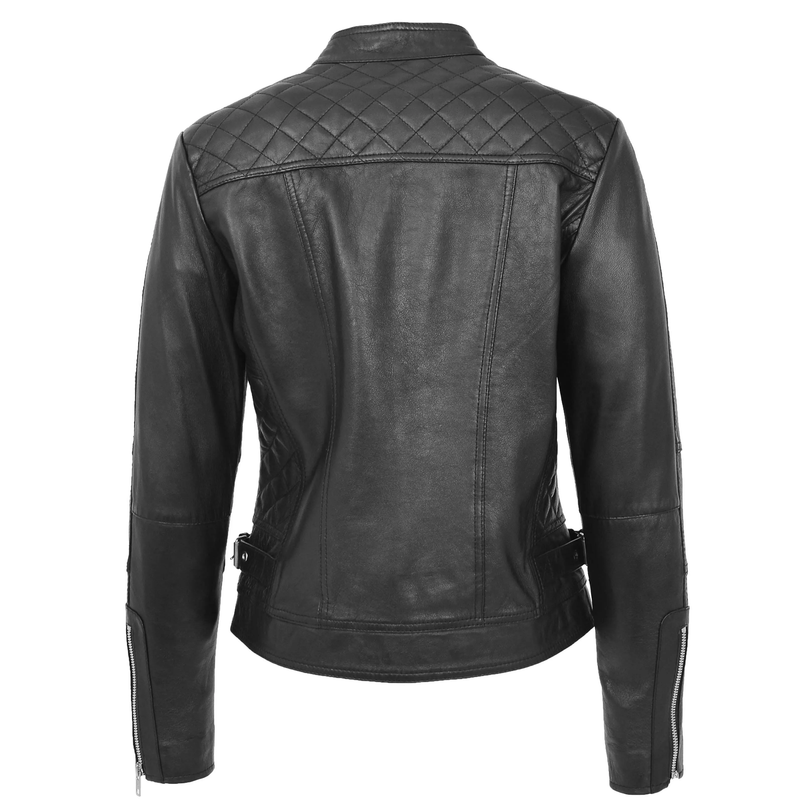 Womens Soft Black Leather Biker Jacket Designer Stylish Fitted Quilted Celeste