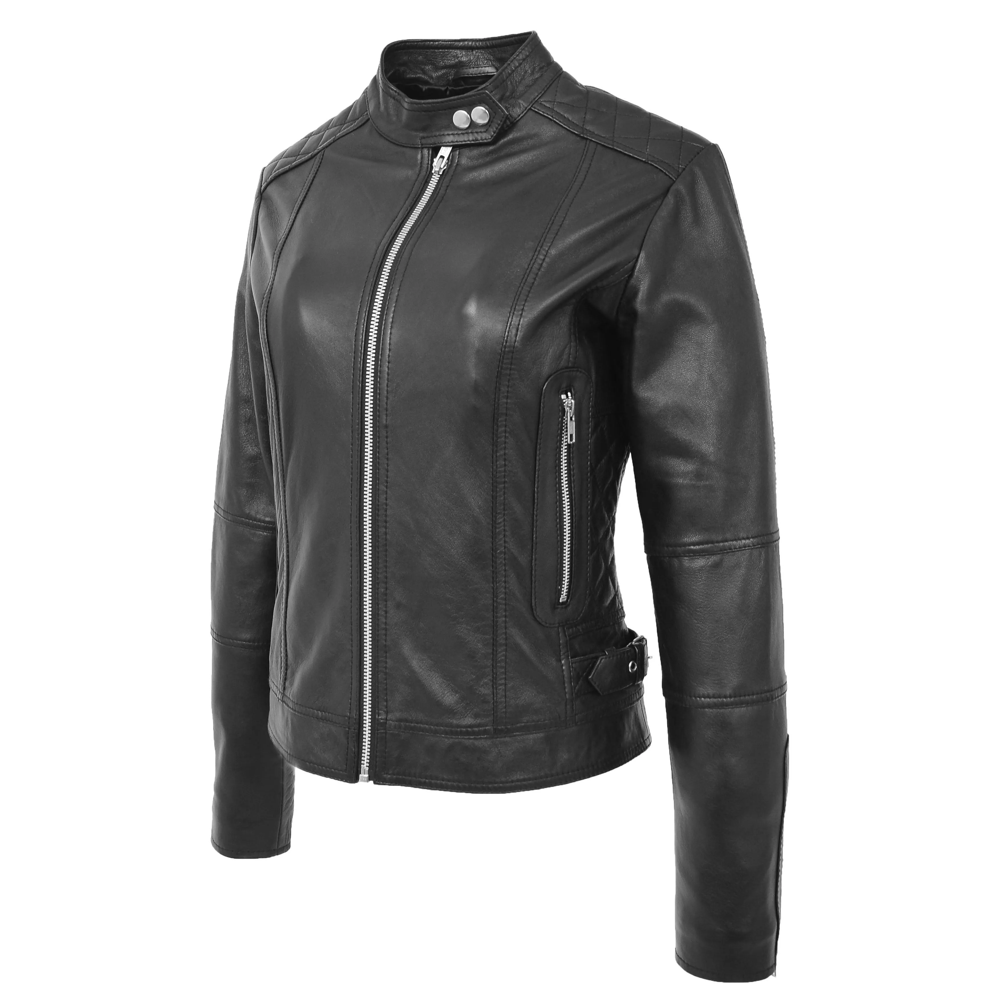 Womens Soft Black Leather Biker Jacket Designer Stylish Fitted Quilted Celeste