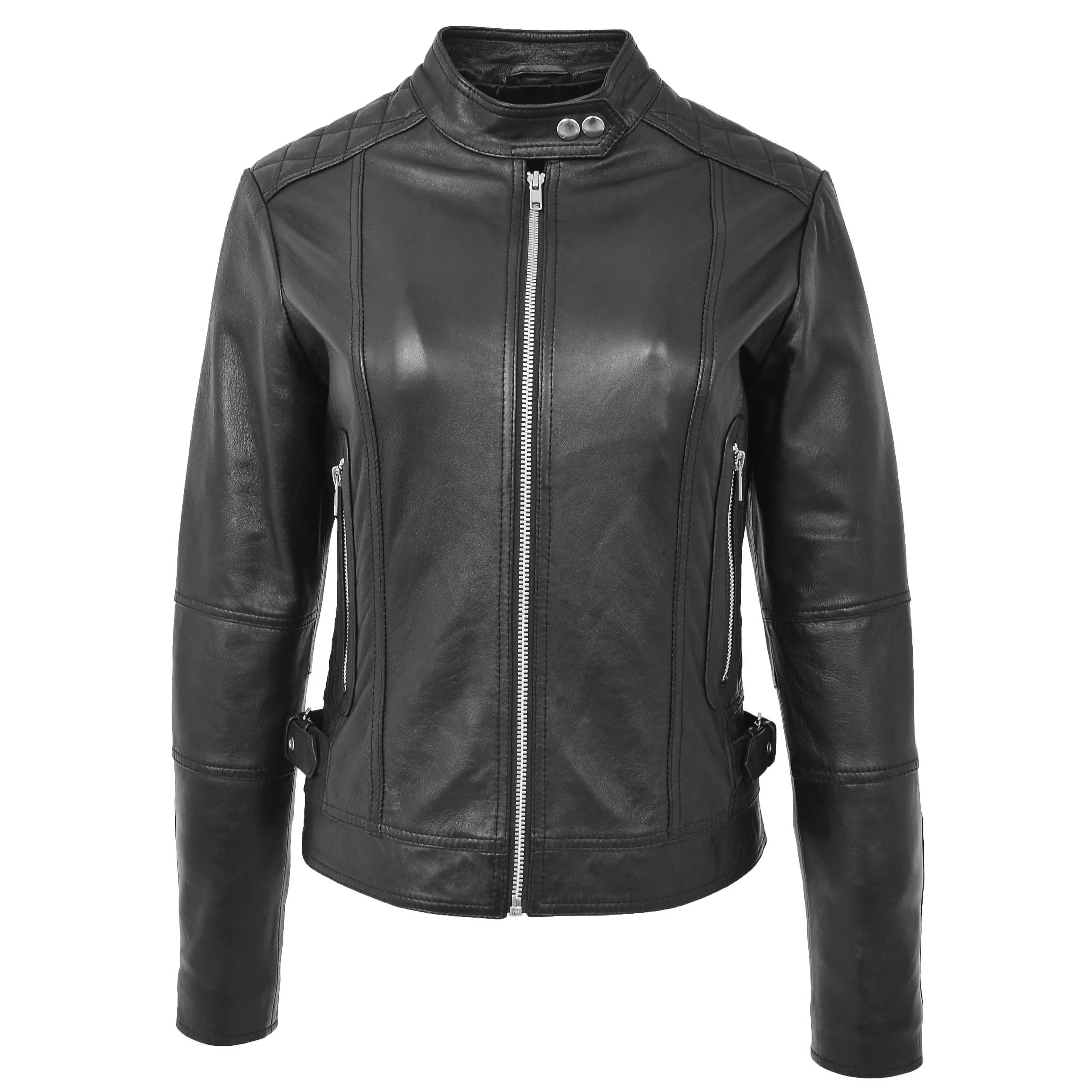 Womens Soft Black Leather Biker Jacket Designer Stylish Fitted Quilted Celeste