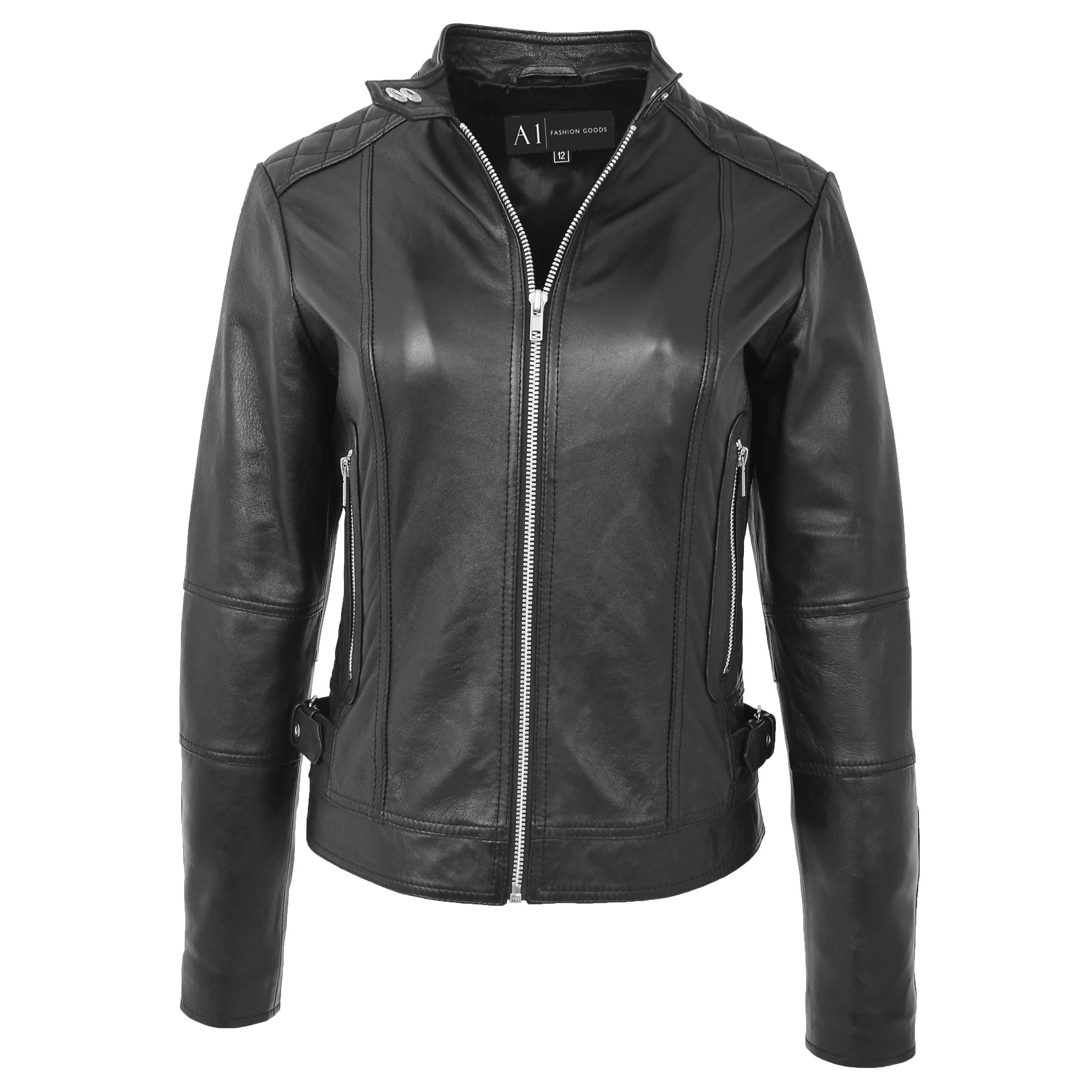 Womens Soft Black Leather Biker Jacket Designer Stylish Fitted Quilted Celeste