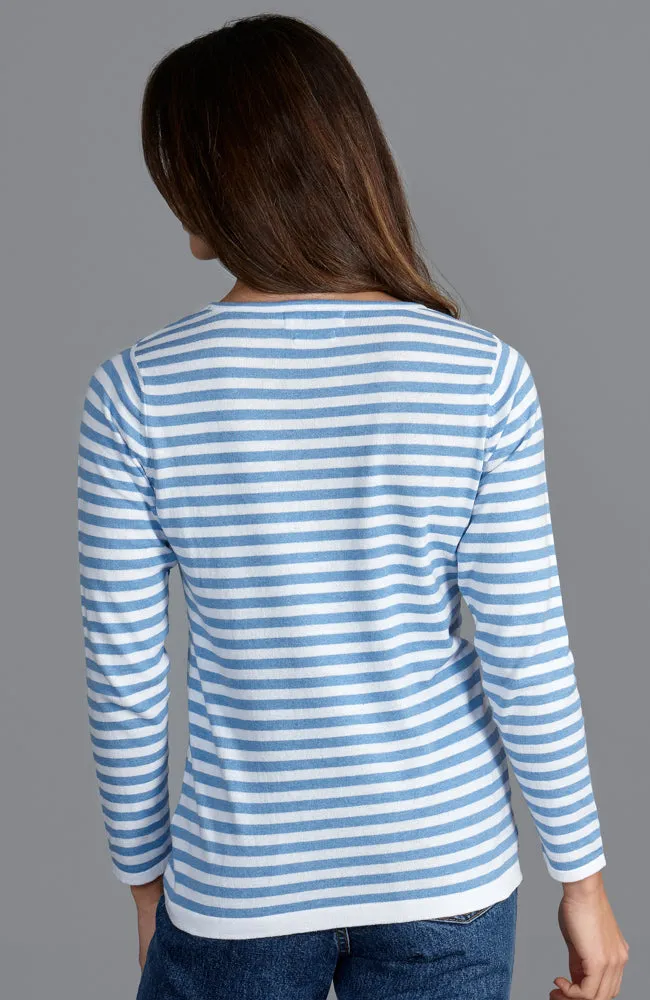 Womens Ultra Fine Cotton Round Neck Breton Stripe Jumper