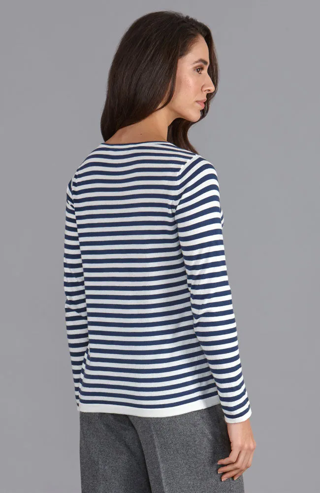 Womens Ultra Fine Cotton Round Neck Breton Stripe Jumper