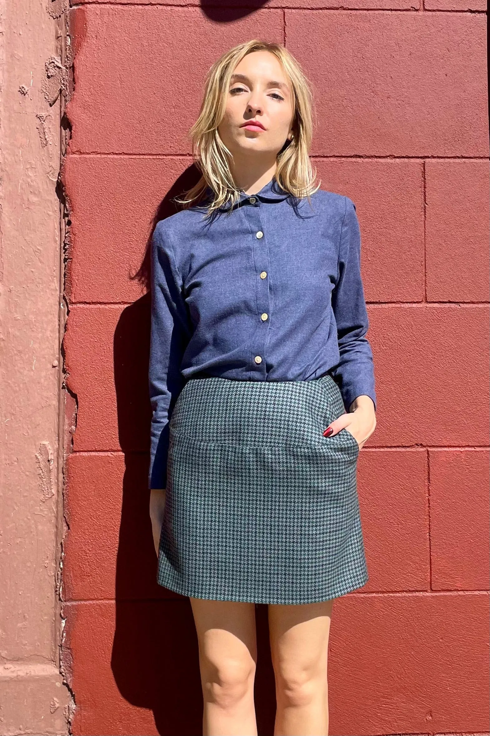 Zhenya Skirt in Evergreen Houndstooth Wool